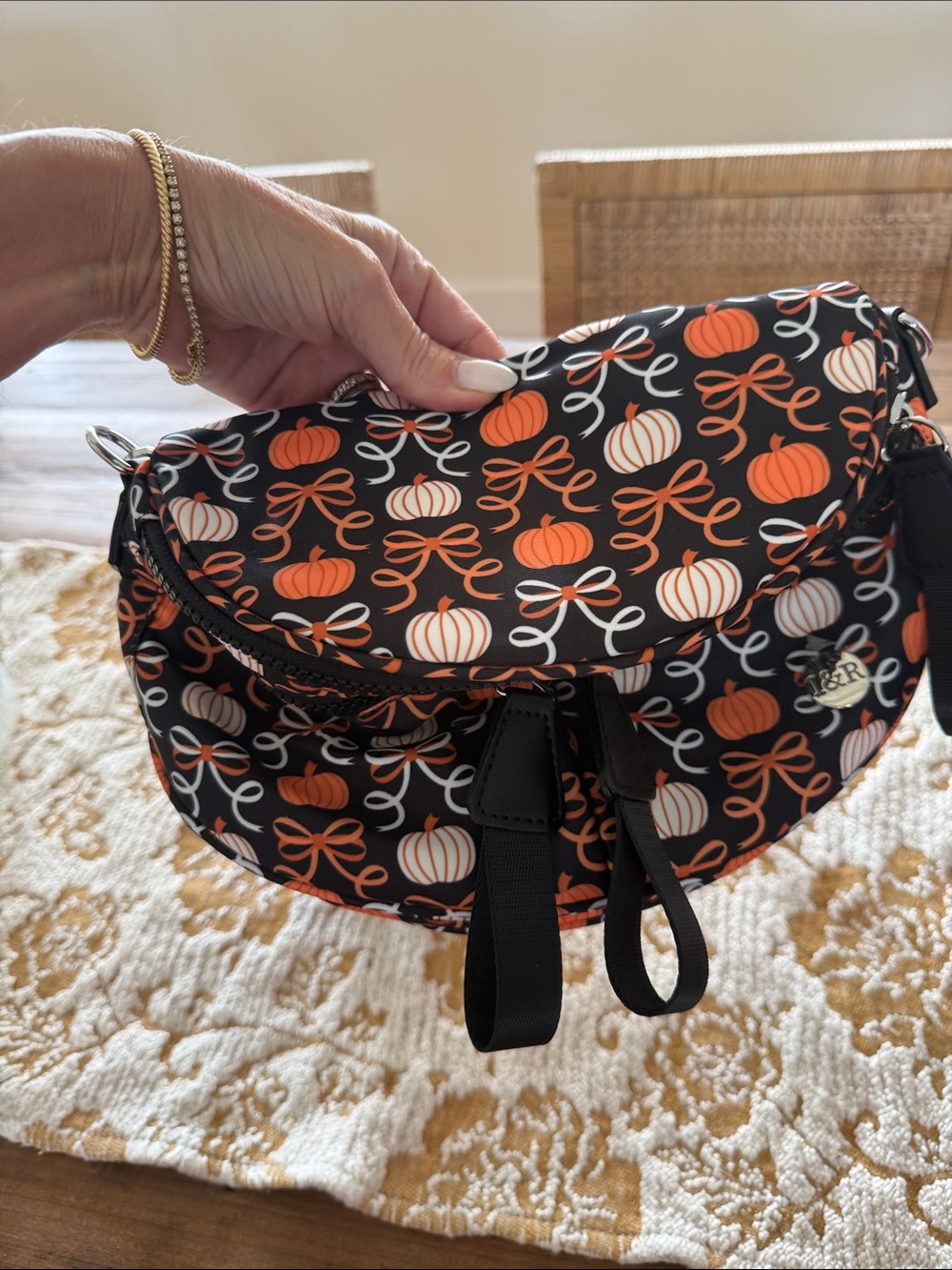 Black Pumpkin-Print Crossbody Bag with Adjustable Strap - Picture 3 of 4